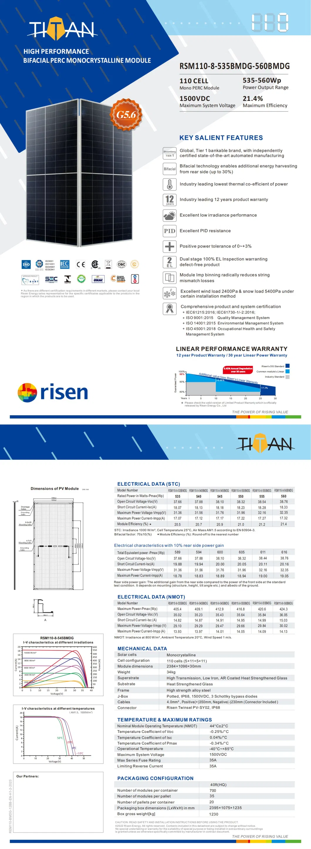 Risen Solar Panels Longi/Ja/Jinko Mono/Monocrystalline/Bifacial/PV/Photovoltaic Home Cells Black Solar Power Panel Cost Price 535W 540W 545W 550W 555W 560W